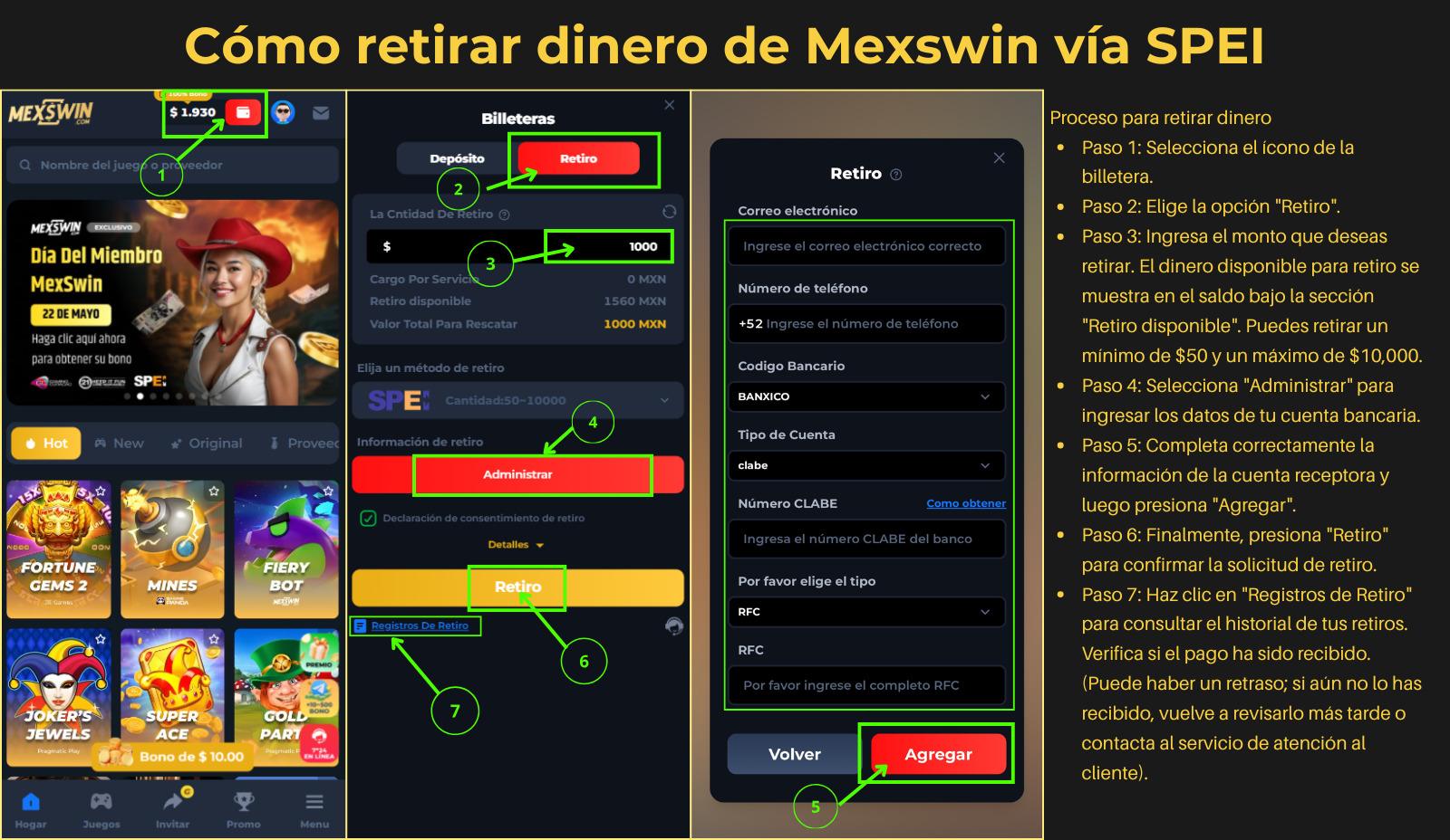 Cómo retirar y depositar dinero en Mexswin paso a paso 1 Cómo retirar dinero de Mexswin vía SPEI